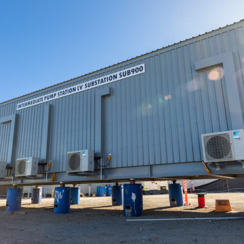A completed switchroom awaiting transport in the yard